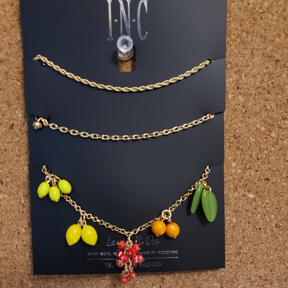 INC 3 Piece Goldtone Fruit Dangle Necklace Set